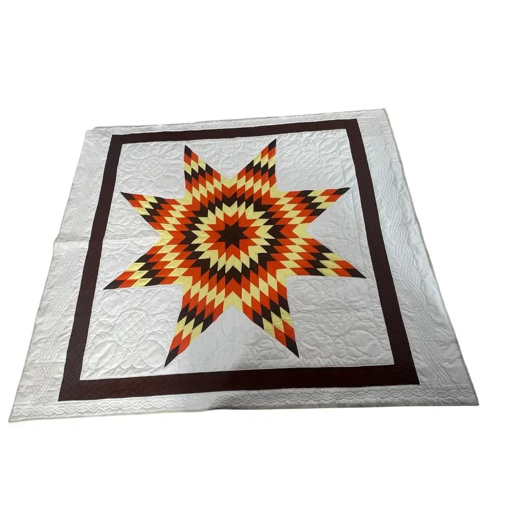 Vintage Handmade Harvest Lone Star Quilt Texas Orange Brown Fall Autumn *READ*